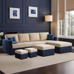 FURNY Arno 8 Seater Fabric RHS L Shape Sofa Set with 1 Centre Table & 2 Ottomans (Cream-Blue)