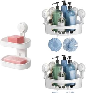 TAILI Double Layer Soap Dish & 2 Pack Suction Corner Shower Caddy, Bathroom Shelf Storage Basket Wall Mounted Organizer for Shampoo, Conditioner, Tub and Kitchen Sink, Drill-Free, Removable