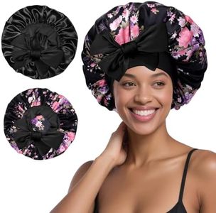 Arqumi 2 Pcs Satin Silk Bonnet for Sleeping Women, Long Strap Tie Band Adjustable Sleep Night Cap Curly Hair Bonnet Wrap for Braids Mother's Day Girls Gifts,Black + Black Flower Pattern (Large)