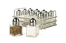 RSVP International Mini Glass Salt & Pepper Set Holder Included, 12 Shakers, Chrome and Stainless Steel