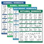 Palace Learning 4 Pack - Dumbbell Workouts + Barbell Workouts + Bodyweight Workouts + Kettlebell - Set of 4 Workout Charts (18” x 24”, LAMINATED)