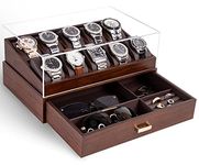 KAMIER 10-Slot Watch Box Case Organizer for Men, Two-Tier Wooden Watch Display with Holders and Drawer, Walnut Finish – Luxury Watch Storage Box