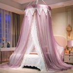 AIKASY Girls and Adults Canopy Bed, Elegant Double-Layer Bed Curtain, Children's Dream Round Lace Mosquito Net, Princess Canopy Net - Fits Twin, Full, Queen, and King Beds (White/Red Bean)