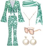 ZeroShop Women's 70s Decades Outfits Accessories for Halloween Costume, Tie Front Top and Pants Clothes, Green, XL