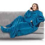 PAVILIA Fleece Blanket with Sleeves and Foot Pockets for Women Men Adults, Wearable Blanket Sleeved Throw Wrap, Plush Hug Sleep Pod Snuggle Blanket Robe, Cozy Gift Ideas Wife Mom, Teal Blue