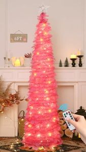 HMASYO 6 FT Pop Up Christmas Tree with 100 LED Lights & Remote, Pink Christmas Tinsel Tree, Collapsible Artificial Pencil Tree for Home Office Party Decor, USB Powered Timer Lights, Easy Assembly