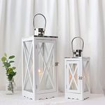 TRIROCKS Set of 2 Farmhouse Wooden Lantern 17.5''&24.5'' Metal Decorative Candle Holders with Tempered Glass Rustic Hanging Lantern for Patio Garden Wedding Parties Indoor Outdoor(White, Rectangle)