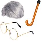 Beefunny Old Man Wig and Glasses Grandpa Costume Accessories Inflatable Walking Cane 100th Day of School Starter Kit (SILVER)