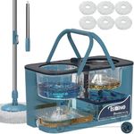 Spin Mop and Bucket,Mop Bucket with Separates Dirty and Clean Water,4-Chamber Mop and Bucket with Wringer Set for Home, Best Household Cleaning Tools with 6 Replacement Mop Heads,4X Wheel