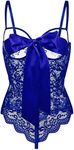 WaKallsmo Women Teddy Lingerie Floral Lace Bodysuit Bow Front One Piece Babydoll Mini Bodysuit S-XXL, Navy Blue, Medium