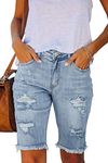 Metietila Women's Casual Mid-Rise Ripped Bermuda Shorts Frayed Raw Hem Stretch Jean Shorts Denim Blue L