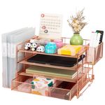 Soilsiu Desk Organizer, Office Desk Accessoreis with Drawer, 4-Tier Dorm Room Essentials for College Students, Pen Holders, Office Supplies Paper File Organizer for Desk, Rose Gold