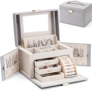 Vlando Jewelry Box Organizer for Girls Women, Large Baroque Jewelry Holder Organizer with Mirror, 3 Drawers for Bracelets, Earrings, Rings, Necklaces, Mothers Day Gifts for Loved One, Grey