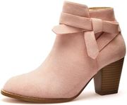 Carcuume Ankle Boots for Women,Wide Ankle Tie Knot,Side Zipper,Round Toe,Chunky Heels,Boots for Women, Pink, 9