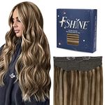 Fshine Fish Wire Human Hair Extensions 14 Inch 70g Secret Wire Hair Extensions Fish Line Hair Extensions with Removable Clips Dark Brown Highlight Blonde Real Hair Pieces