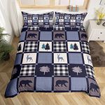 Erosebridal Bear Deer Wildlife Duvet Cover Young Man,Hunting Patchwork Lodge Comforter Cover Farmhouse Decor,Plaid Check Retro Quilt Cover,Purple Blue Geometric Stripe Cozy Bedspread Cover,2pcs Twin