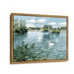 Framed Canvas Wall Art Room Decor, Swan Lake Landscape Painting Prints, 12×16in Vintage Wall Art Decor for Living Room, Farmhouse Landscape Painting Wall Decor for Bedroom Bathroom Office…