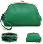 Contacts Kiss Lock Clutch Bag Womens Genuine Leather Evening Bag Kiss Clasp Wrist Wallet Vitange Handbag, Green