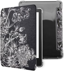 WALNEW Case for Kindle Paperwhite 11th Generation 2021 and Signature Edition,PU Leather Cover for 6.8" Kindle & Flexible Soft Clear Back Cover with Auto Sleep/Wake Feature (Black Flowers)