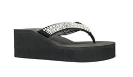 New Women's Rhinestone Sandals High | Low Platform T-Strap Jewel Sandals High Wedge Flip Flops black Size: 5