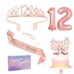 Rose Gold 12th Birthday Decorations for Girl 12th Birthday Sash Tiara Set, 12th Birthday Party Pack Sash Crown Number 12 Foil Balloon 12th Birthday Cake Topper Candle, 12th Birthday Gifts for Girl