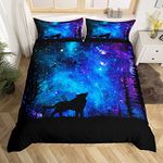 Blue Galaxy Duvet Cover Set King Size,Wolf Animal Trees Silhouette Comforter Cover with 2 Pillowcases,Stars Nebula Space Modern Bedding Set for Adult Young Bedroom Xmas Gift