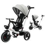 UBRAVOO Baby Tricycle,6-in-1 Baby Push Bike Steer Stroller,Learning Toddler Bike/Detachable Guardrail,Adjustable Canopy,Safety Harness,Folding Pedal,Storage Basket,Brake (White)