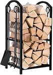 Elex Fireplace Log Rack 16 x 29.2 x 12inch with 4 Fireplace Tools Wrought Iron Firewood Holders Indoor Wood Stove Outdoor Fireplace Heavy Duty Wood Stacking Wood Storage Kit for Fireplace Tool