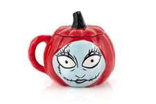 Nightmare Before Christmas Sally Pumpkin-Shaped Sculpted 26 Oz Ceramic Mug with Lid & Handle - Fun Novelty Gift Idea Inspired by Tim Burton’s Creepy Stop-Motion Animated Musical Fantasy Film