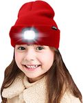 ATNKE Kids LED Lighted Beanie Cap, USB Rechargeable 4 LED Headlamp Waterproof Winter Warmer Knit Night Hats with Light for Boys Girls/Red