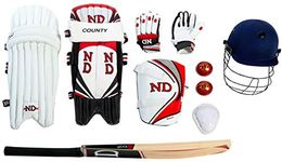 ND Sports County Cricket Kit 10Pc Bat Ball Pad Leg Guard Glove Bat Set Boys,Multi-coloured