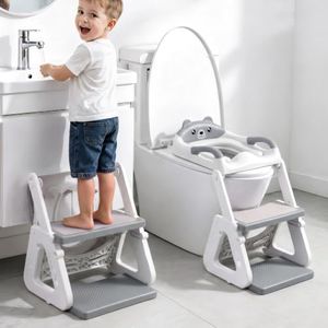 Orzbow 2-IN-1 Potty Training Toilet Seat with Step Stool for Toddler, Stability Training Potty Seat for Kids Boys Girls with Splash Guard and Anti-Slip Pad, Adjustable Ladder & Potty Seat Height, Grey