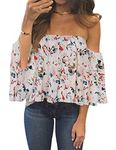 Bluetime Women Summer Off Shoulder Chiffon Blouse Ruffles Short Sleeves Tops Casual T Shirt, Floral14, Small