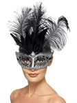 Smiffys Venetian Colombina Eyemask, Grey with Black Plumes, Eyemasks Fancy Dress, Adult Dress Up Eye masks