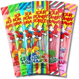 Sour Power Assorted Candy Straws, 1.75 oz (Pack of 6) Variety, Six Flavors Sour Straws Since 1985, Strawberry Green Apple Watermelon Rainbow Blue Raspberry, Vegan Soft Chewy, Non-GMO Gelatin Free