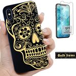 iProductsUS Wood Phone Case Compatible with iPhone XR and Screen Protector, Engraved Sugar Skull Black Bamboo Case, Built-in Metal Plate,Compatible Wireless Charger,TPU Shockproof Cover (6.1 inch)