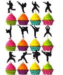 bd1 BIABISD 24 Piece Karate Cupcake Toppers Taekwondo Themed Cupcake Toppers Karate Happy Birthday Party Supplies Shiny Black Decorations