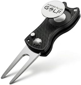 Aiming Fluid Golf 5-in-1 Divot Repair Tool with Ball Marker, Groove Cleaner, Club Tee, Putting Alignment, Switchblade Design – Premium Golf Gift and Accessory (Black Divot Tool)