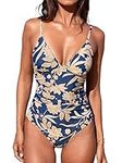 CUPSHE Women's One Piece Swimsuit Tummy Control V Neck Bathing Suits, Navy Paisley Print, Large