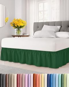 Wrap Around Dust Ruffle Bed Skirt - Emerald Green - for King Size Beds w/ 24 Inch Drop - Easy Fit Elastic Strap - Adjustable Pleated Bedskirt Brushed Fabric - Wrinkle Free - Women, Men, Kids & Teens