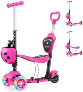 YOLEO 5-in-1 Children's Scooter with Removable Cartoon Basket, Seat, Push Bar, LED, Large Wheels, Comfortable Backrest, Height-Adjustable Handlebar for Toddlers, Boys and Girls from 2 Years, pink
