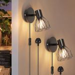 Kimjo Plug in Wall Lights for Bedroom - Wall Light Plug in Wall Lamp with Switch and Cable - Wall Lighting Fixtures Rotatable Wall Sconce Lights E14 - Black Wall Light for Living Room 2 Packs No Bulb