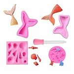 Mermaid Theme Cake Fondant Mold,Seashell,Conch, Mermaid Tail,Seahorse,Starfish,Fish Mold Silicone Molds DIY Baking Tool for Cupcake Topper Fondant,（Pink 4-Piece Set）