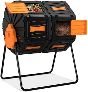 Compost Tumbler, Easy Assemble & Efficient Outdoor Compost Bin, 45 Gallon/170 Liter Large Dual Chamber Rotating Composter for Garden, Kitchen, and Yard Waste, Orange Door