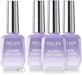Gellen Gel Nail Polish Top and Base Coat - Gel Top Base Coat Matte Top Coat & Glitter Top Coat Kit 4pcs, Base Coat Glossy Shiny Top Coat Glossy Glitter Finish Matt Effect UV Soak off Gel Polish 18ml