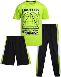 Pro Athlete Active Boys Pant Sets - 3 Piece Crew Neck Short Sleeve Boys TShirts Athletic Shorts and Jogger Sweatpants (8-16), Size 10-12, Lime/Black/Black Print