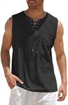 COOFANDY Mens Fashion T Shirt Cotton Tee Shirts Sleeveless Tank Top Lace Up Beach Hippie Bohemian Renaissance Pirate Tunic Black
