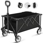 Foldable Cart on Wheels, Folding Wagon 220LBS/100kg Large Capacity All Terrain Wheels with Adjustable Handle & Cover Bag, Picnic Transporter for Holiday Shopping Outdoor Camping Garden Beach (Black)