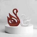 SRJANA Lucky Swan Couple Piano Finish Ceramic Figures for Home Decor (Set of 2 Pc, Large, Brown & White)