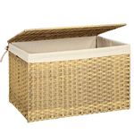 SONGMICS Storage Basket with Lid, 42.3 Gallon (160L) Storage Bin, Woven Blanket Storage Basket with Handles, Foldable, Removable Liner, Metal Frame, for Bedroom, Laundry Room, Natural URST76NL